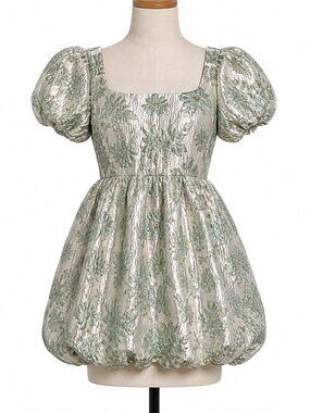 Storia Brocade Textured Bubble Hem Mini Dress Puff Sleeve Dress M